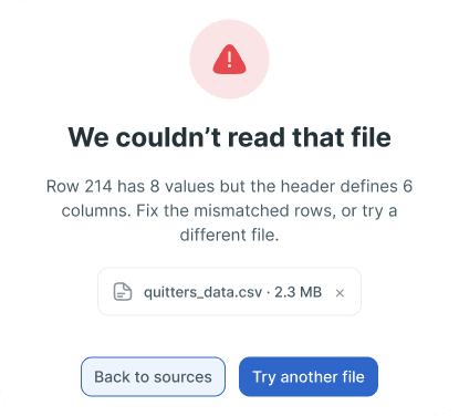 Audimate file error explaining that row 214 has more values than the header defines.