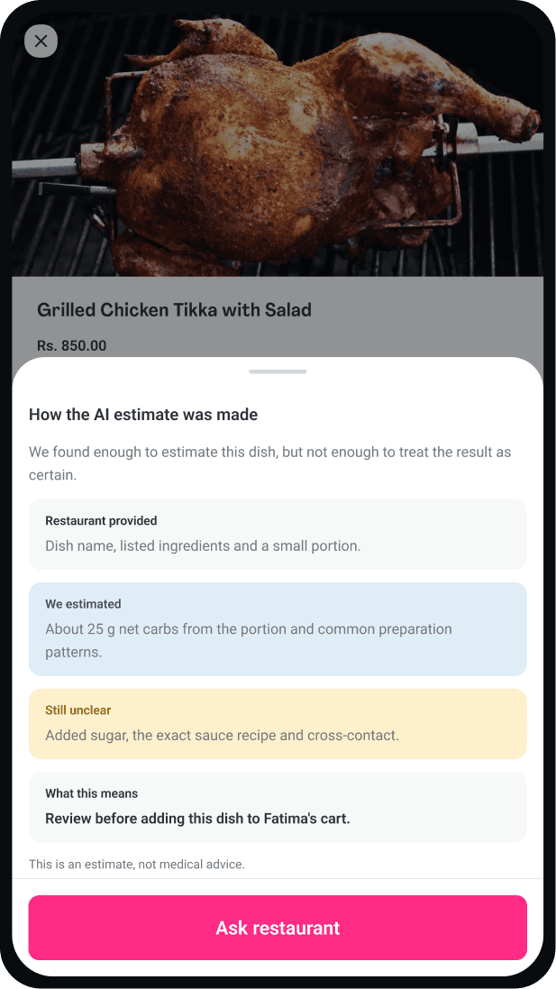 Foodpanda AI reasoning sheet separating restaurant-provided details, an estimated carbohydrate value, missing information, and an option to ask the restaurant.