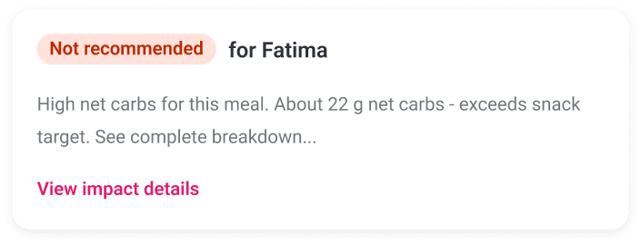 Foodpanda dish summary showing a not-recommended warning for Fatima with a link to view impact details.