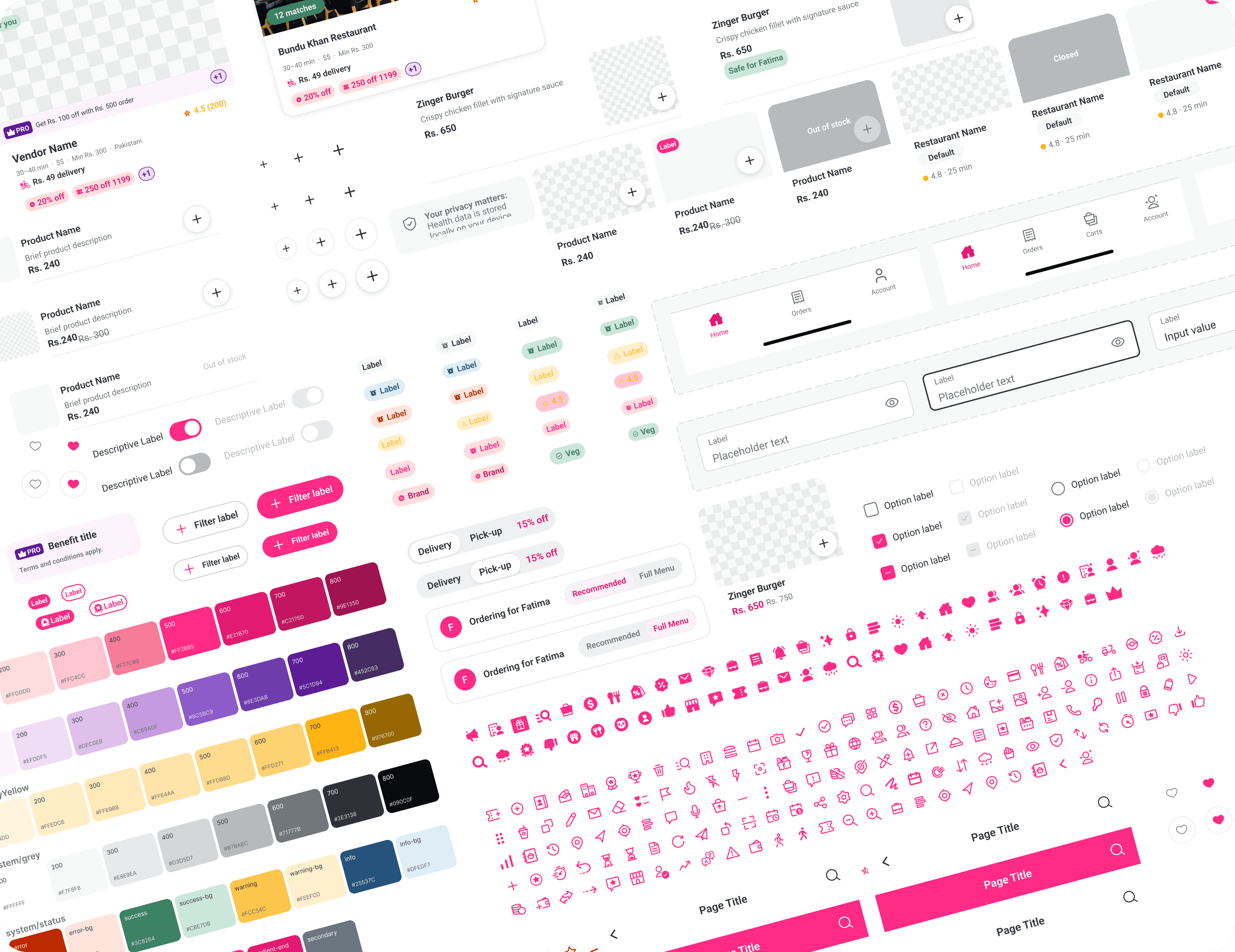 Foodpanda health profiles design system showing tokens, type, icons, controls, navigation, labels, and component states.