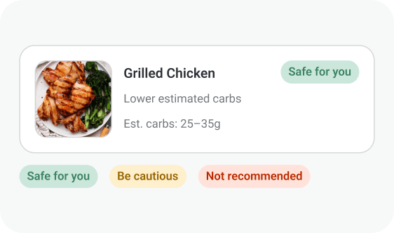 Foodpanda dish card with a safe-for-you label, estimated carbohydrates, and a shared safety legend.
