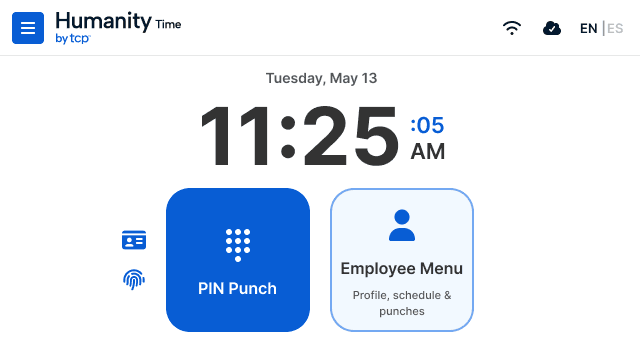 Redesigned Humanity Time home screen leading with PIN and employee menu options.