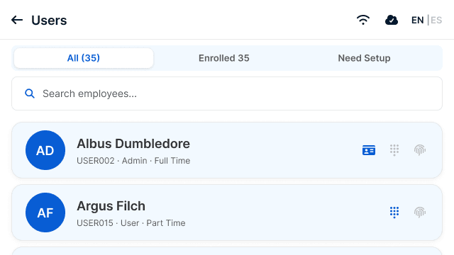 Admin: see each employee's enrolled punch methods at a glance.