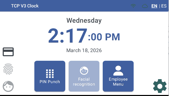 Original Humanity Time home screen showing PIN, fingerprint, facial recognition, and employee menu options.