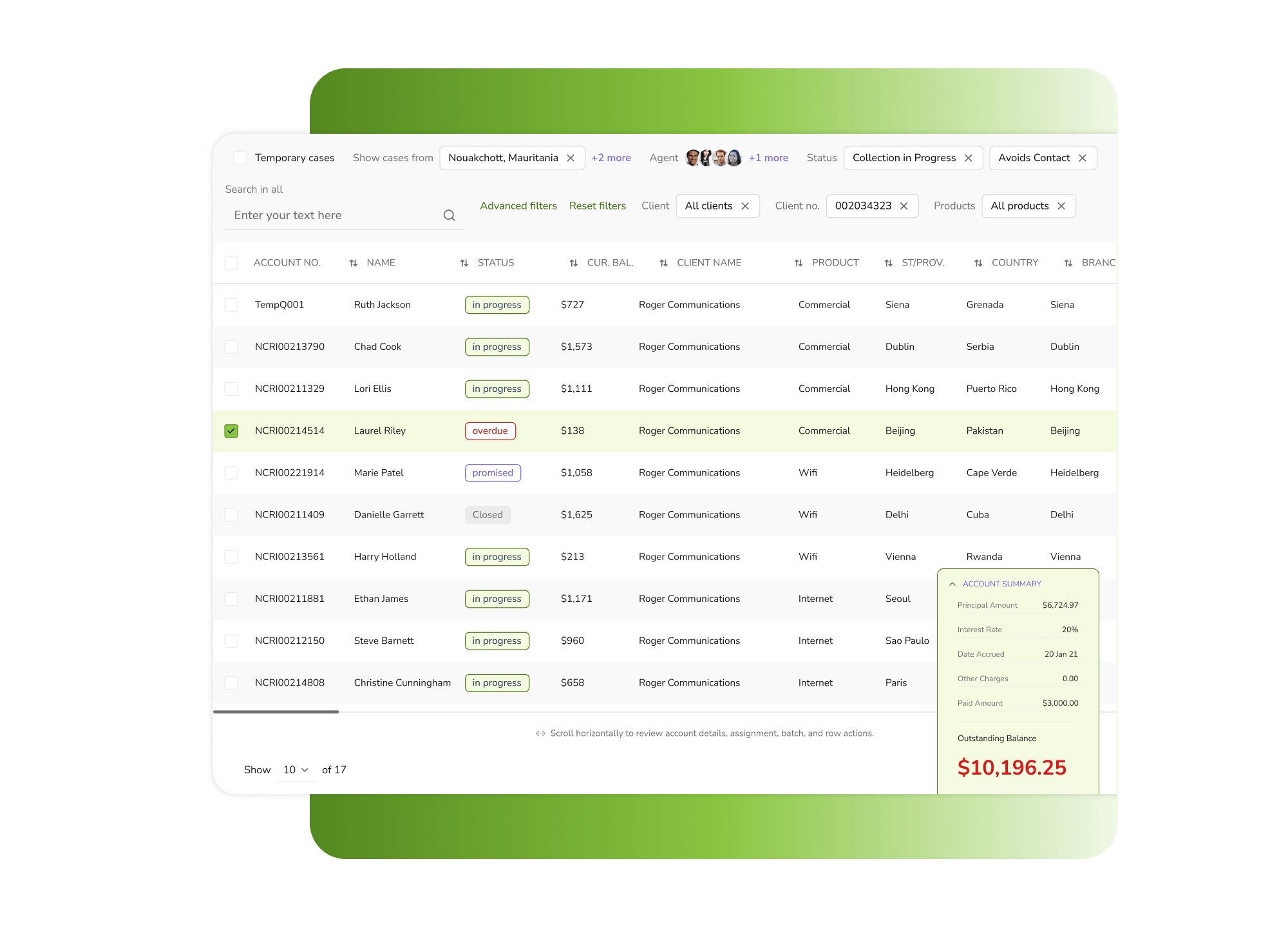 NCRI debt collection platform hero showing the accounts data grid, filters, progress states, and account summary.