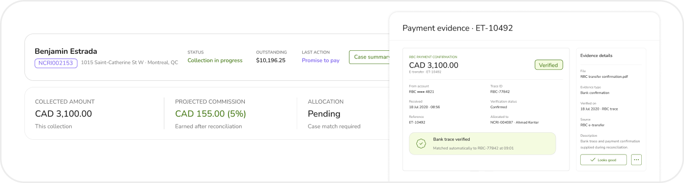 NCRI financials view showing payment evidence and account financial details.