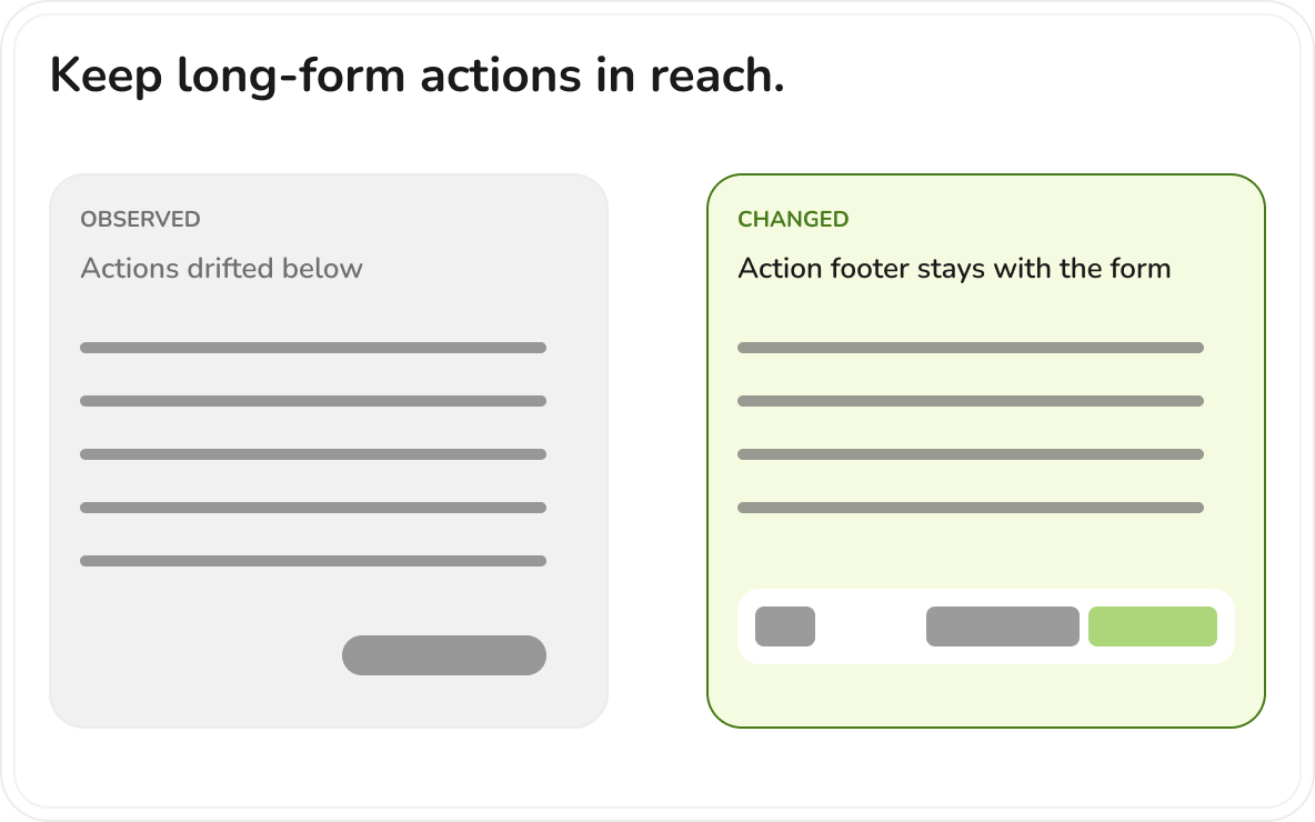 Iteration comparison showing actions drifting below a long form and an action footer kept with the form.
