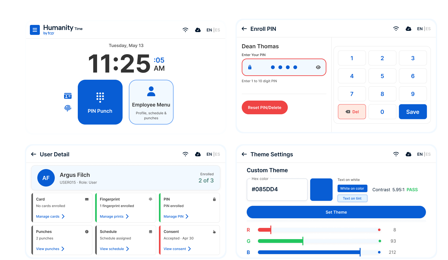 Humanity Time clock terminal system showing dashboard, PIN enrollment, user detail, and theme settings screens.